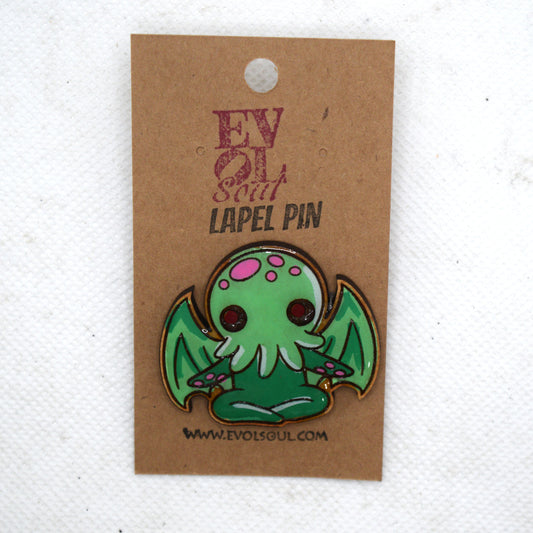 Cutesy Cthulhu Wooden Lapel Pin on Card