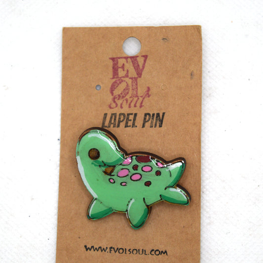 Cutesy Nessy Wooden Lapel Pin on evol soul card