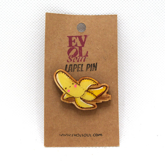 Kawaii Banana Wooden Lapel Pin on evol soul branded card