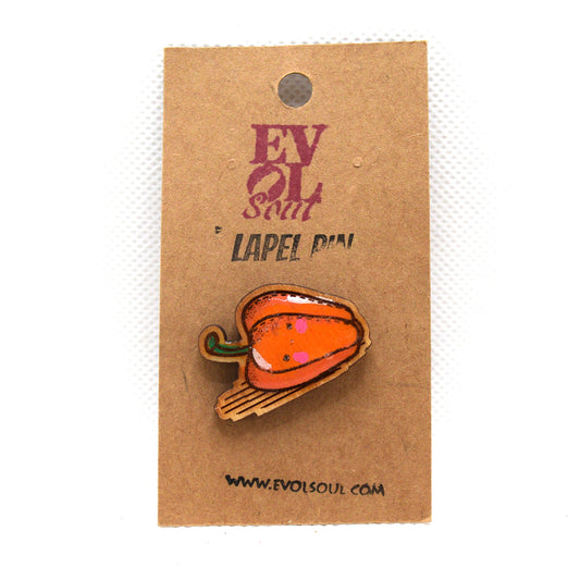 Kawaii Bell Pepper Wooden Lapel Pin with Evol Soul branding on Card