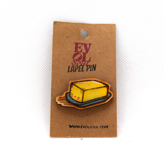 Kawaii Butter Wooden Lapel Pin on Evol Soul Branded Card