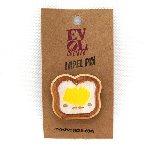 Kawaii Buttered Toast Wooden Lapel Pin on Evol Soul Branded Card