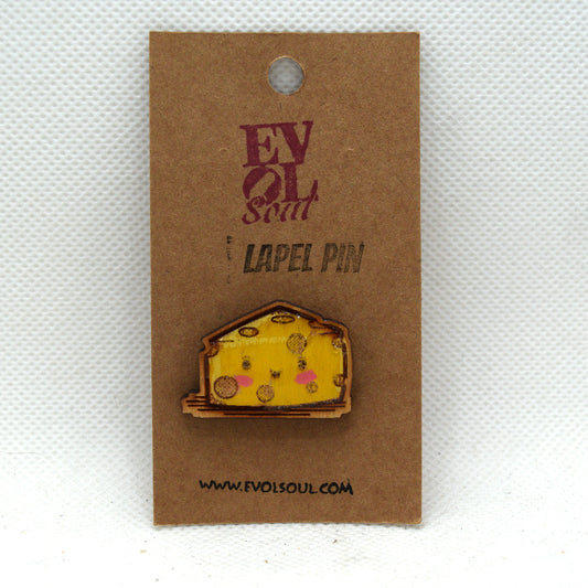Kawaii Cheese Wooden Lapel Pin on Evol Soul Branded Card