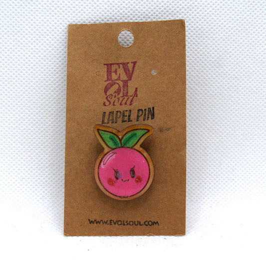 Kawaii Cherry Wooden Lapel Pin on Evol Soul branded Card