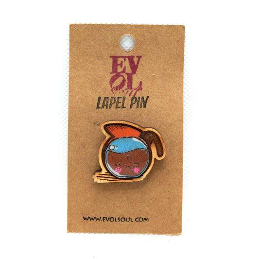 Kawaii Coffee Pot Wooden Lapel Pin on evol soul branded card