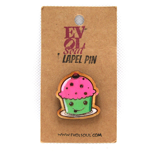Kawaii Cupcake Wooden Lapel Pin on evol soul branded card