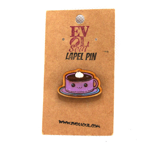 Kawaii Espresso Wooden Lapel Pin on Evol Soul Branded Card