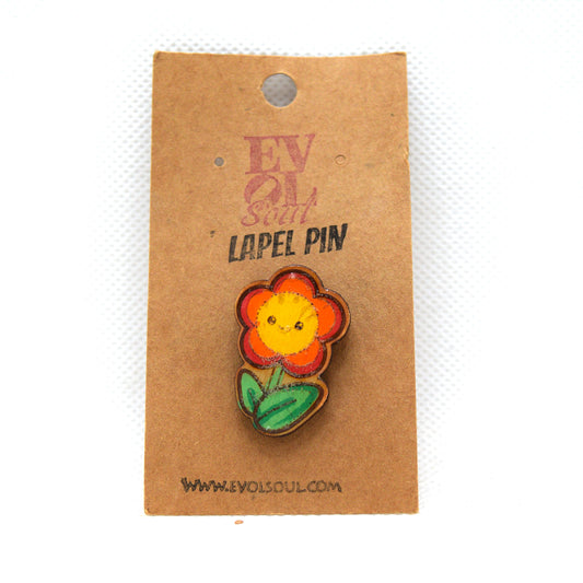 Kawaii Flower Wooden Lapel Pin on Evol Soul Branded Card