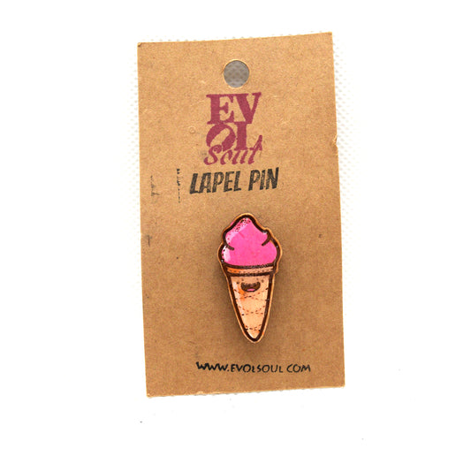Kawaii Ice Cream Cone Wooden Lapel Pin on evol soul branded card