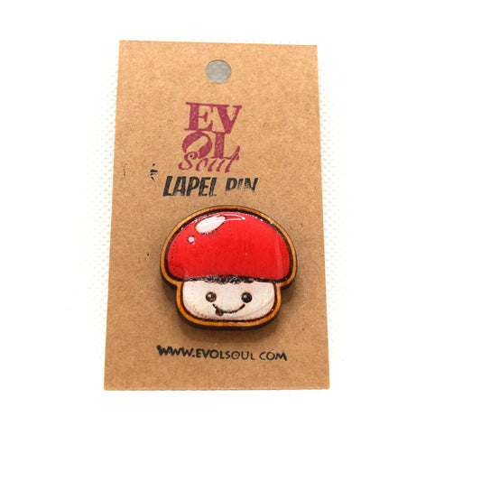 Kawaii Mushroom Wooden Lapel Pin on Evol soul branded card