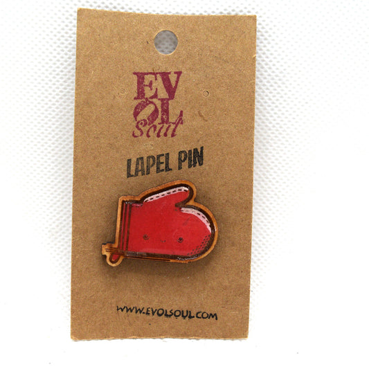 Kawaii Oven Mitt Wooden Lapel Pin on Evol Soul branded Card
