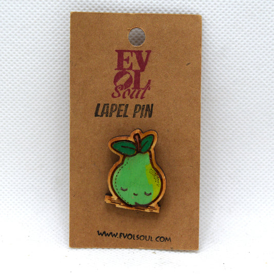 Kawaii Pear Wooden Lapel Pin on Evol Soul branded Card