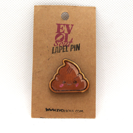 Kawaii Poop Emoji Wooden Lapel Pin on Card