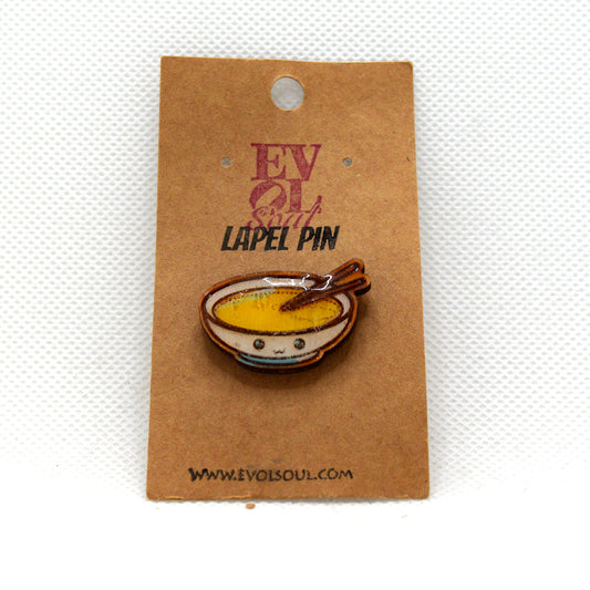 Kawaii Ramen Wooden Lapel Pin on Evol Soul Branded Card