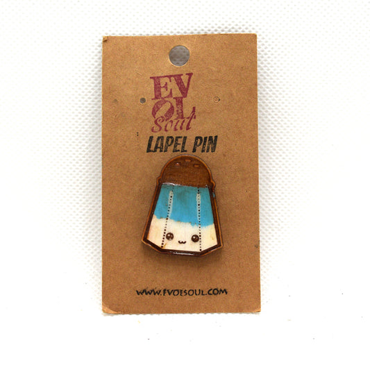 Kawaii Salt Wooden Lapel Pin on Evol Soul Branded Card