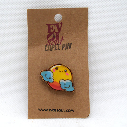 Kawaii Sun and Clouds Wooden Lapel Pin on Evol Soul Branded Card