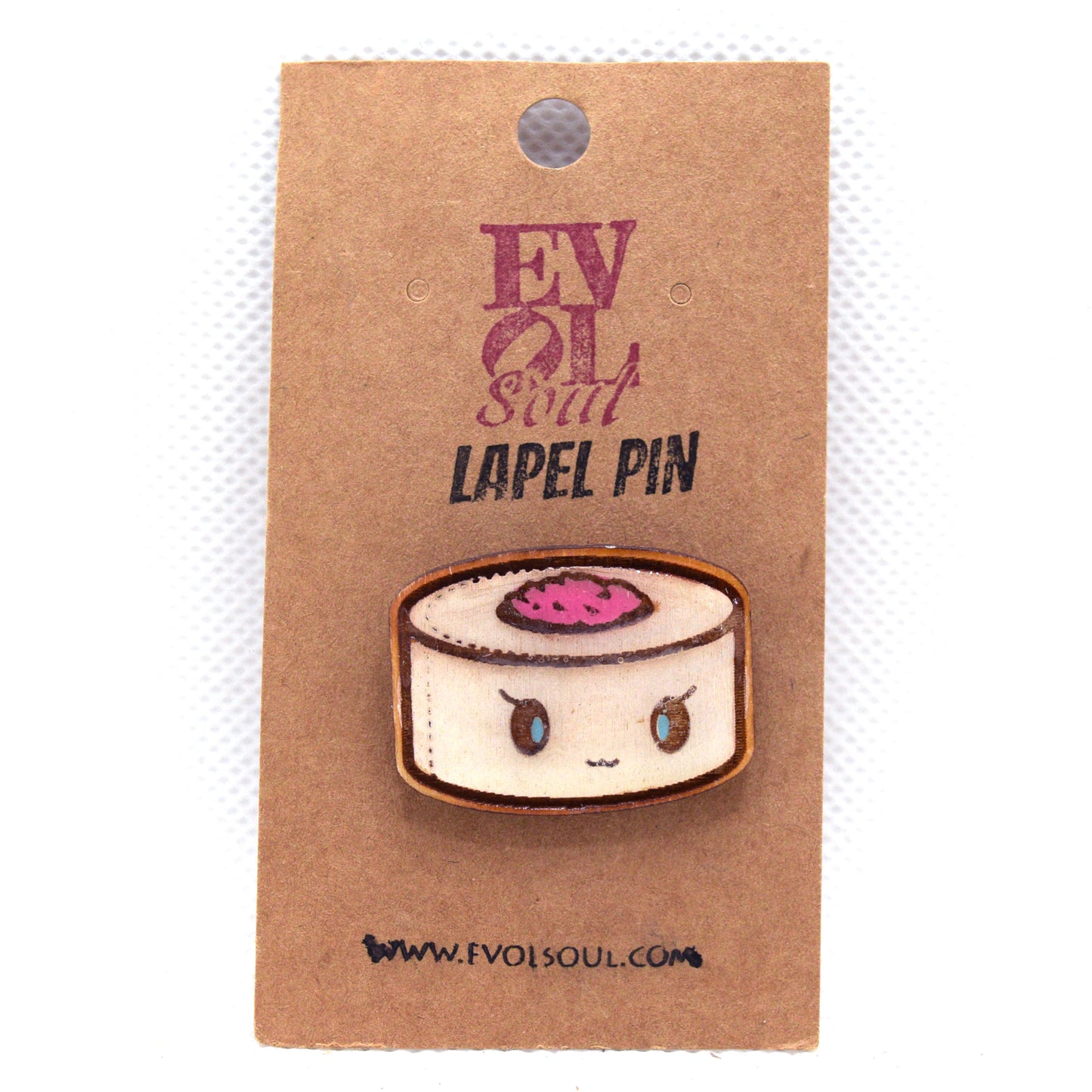 Kawaii Sushi Wooden Lapel Pin on Evol Soul branded Card