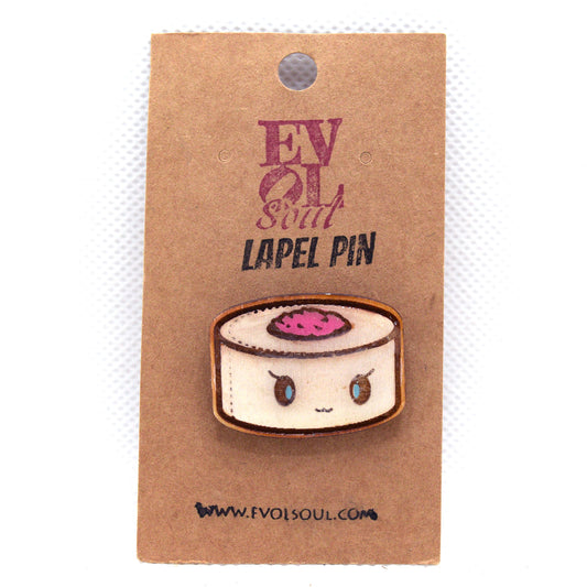 Kawaii Sushi Wooden Lapel Pin on Evol Soul branded Card
