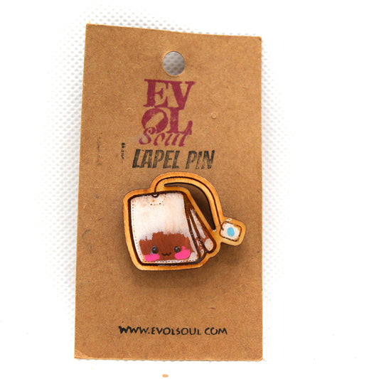 Kawaii Tea Bag Wooden Lapel Pin on evol soul branded card