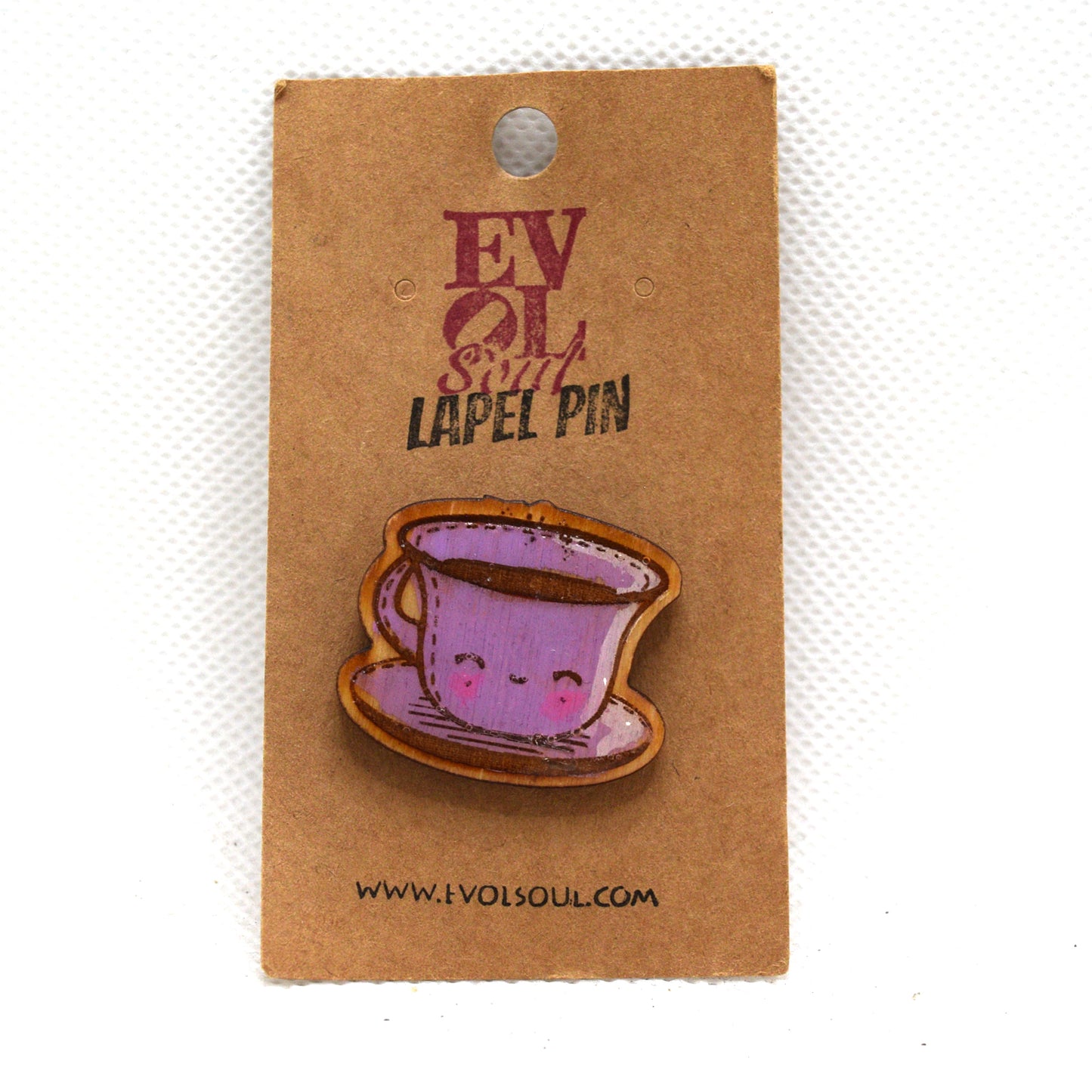 Kawaii Tea Cup Wooden Lapel Pin on evol soul branded card