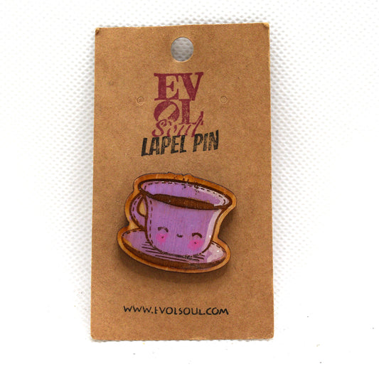 Kawaii Tea Cup Wooden Lapel Pin on evol soul branded card