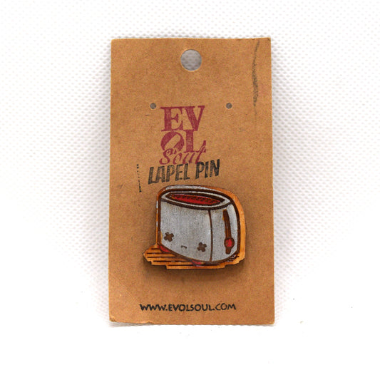 Kawaii Toaster Wooden Lapel Pin on Evol Soul Branded Card