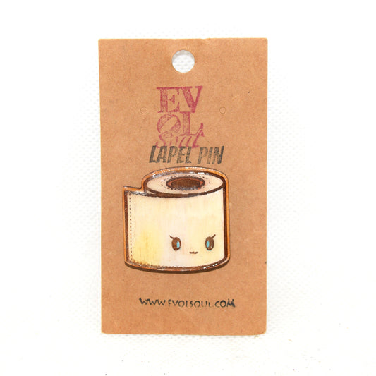 Kawaii Toilet Paper Wooden Lapel Pin on Evol Soul Branded Card