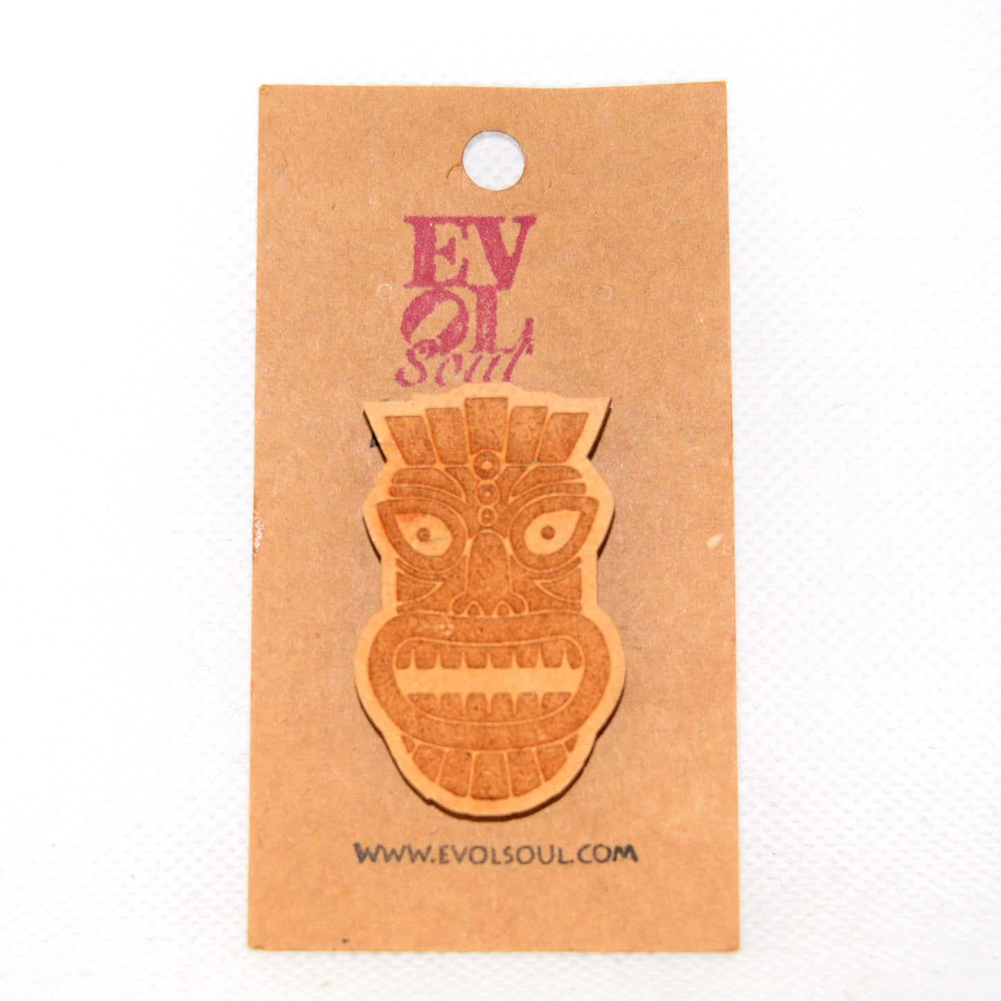 Tiki God 1 Wooden Lapel Pin on Evol Soul Branded Card