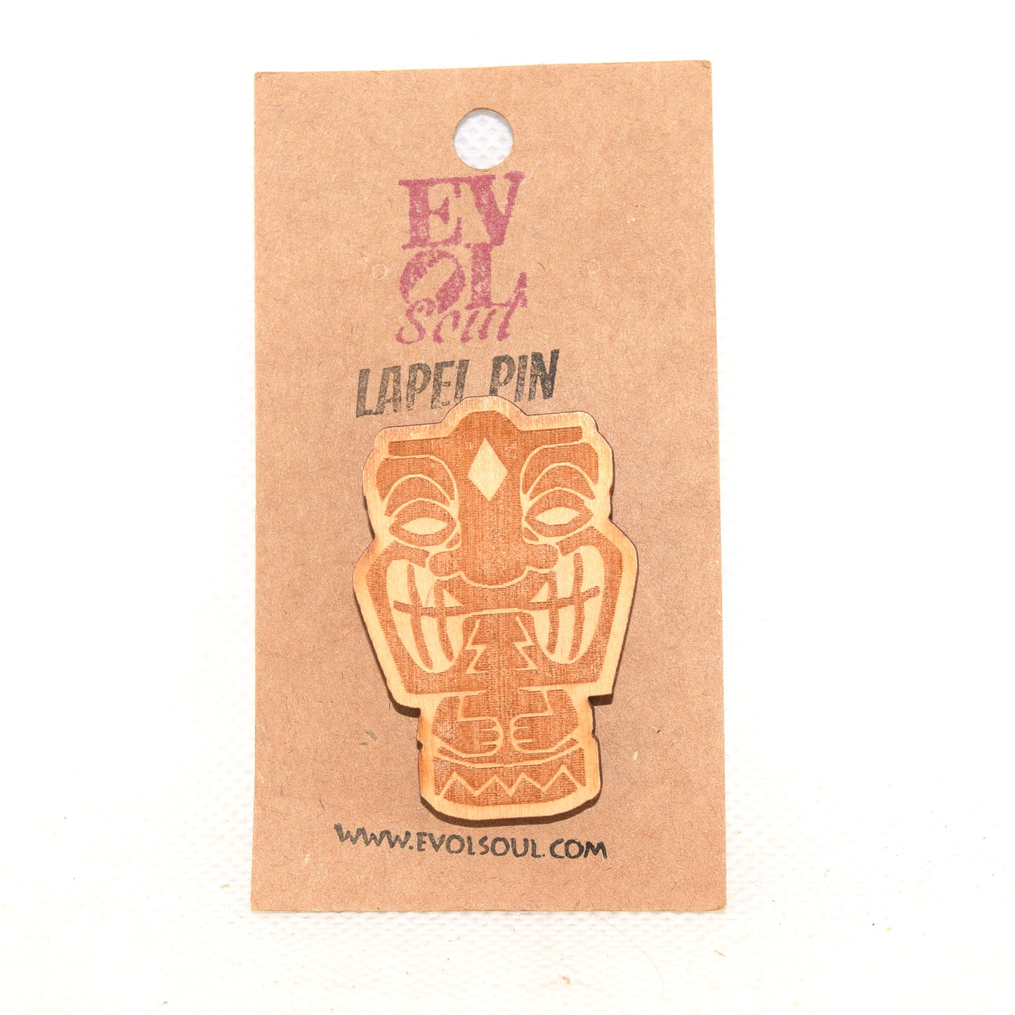 Tiki God 2 Wooden Lapel Pin on card
