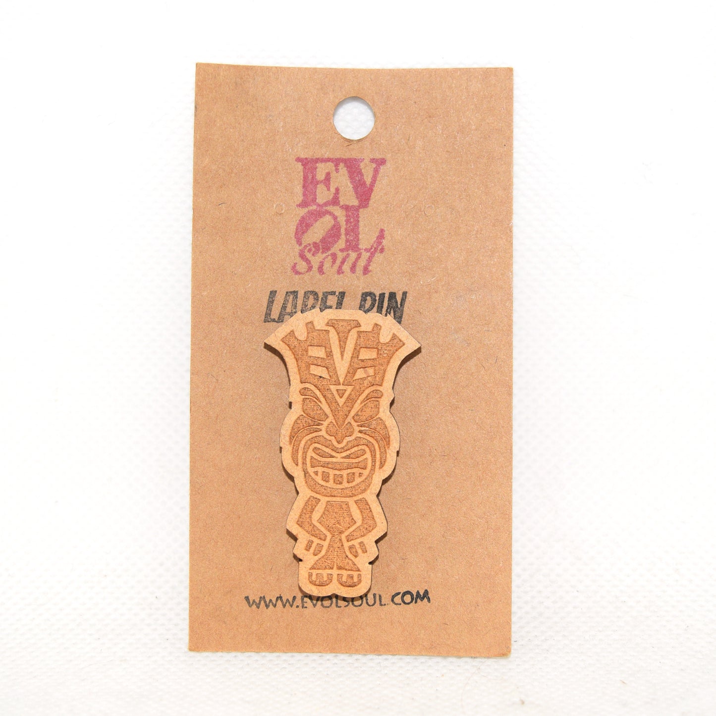 Tiki God 3 Wooden Lapel Pin on Evol Soul branded Card