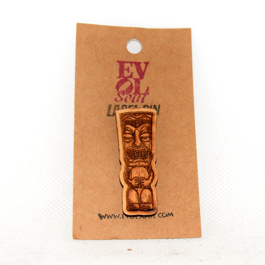 Tiki God 4 Wooden Lapel Pin on Evol Soul Branded Card