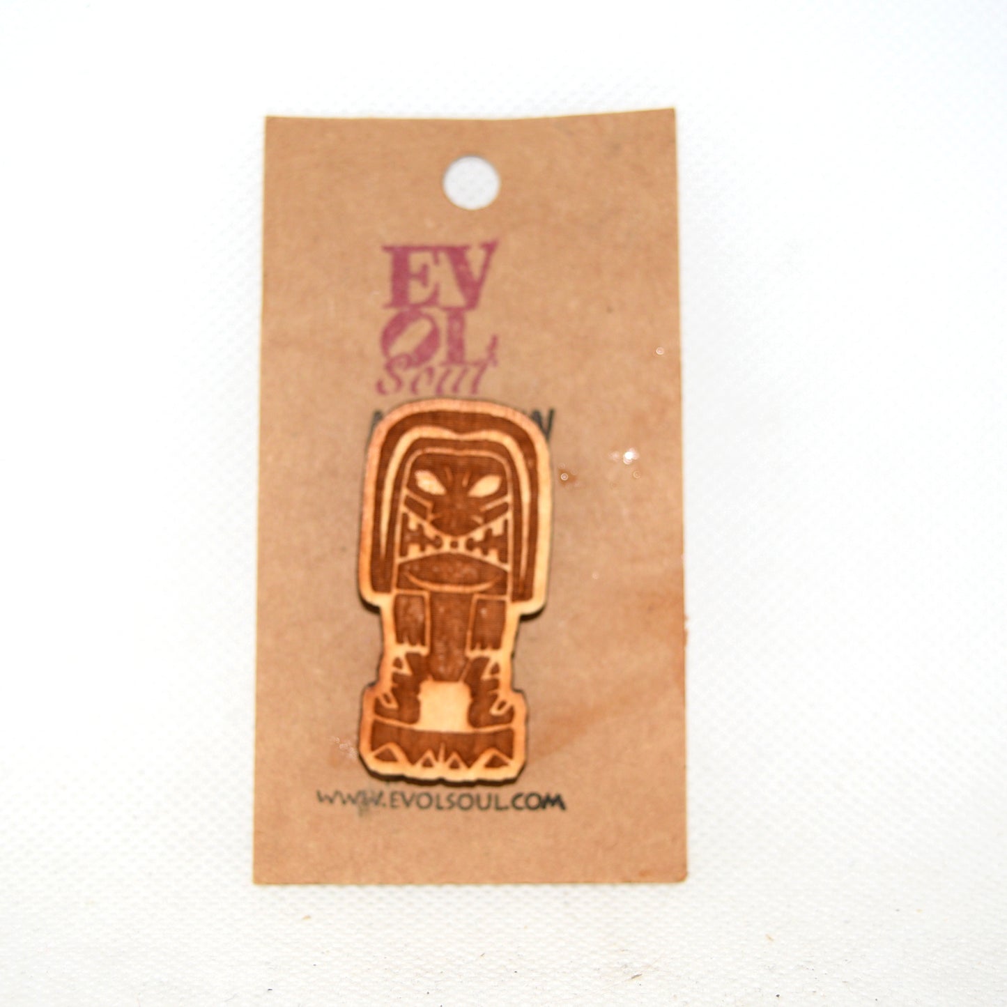 Tiki God 5 Wooden Lapel Pin on Evol Soul Branded Card