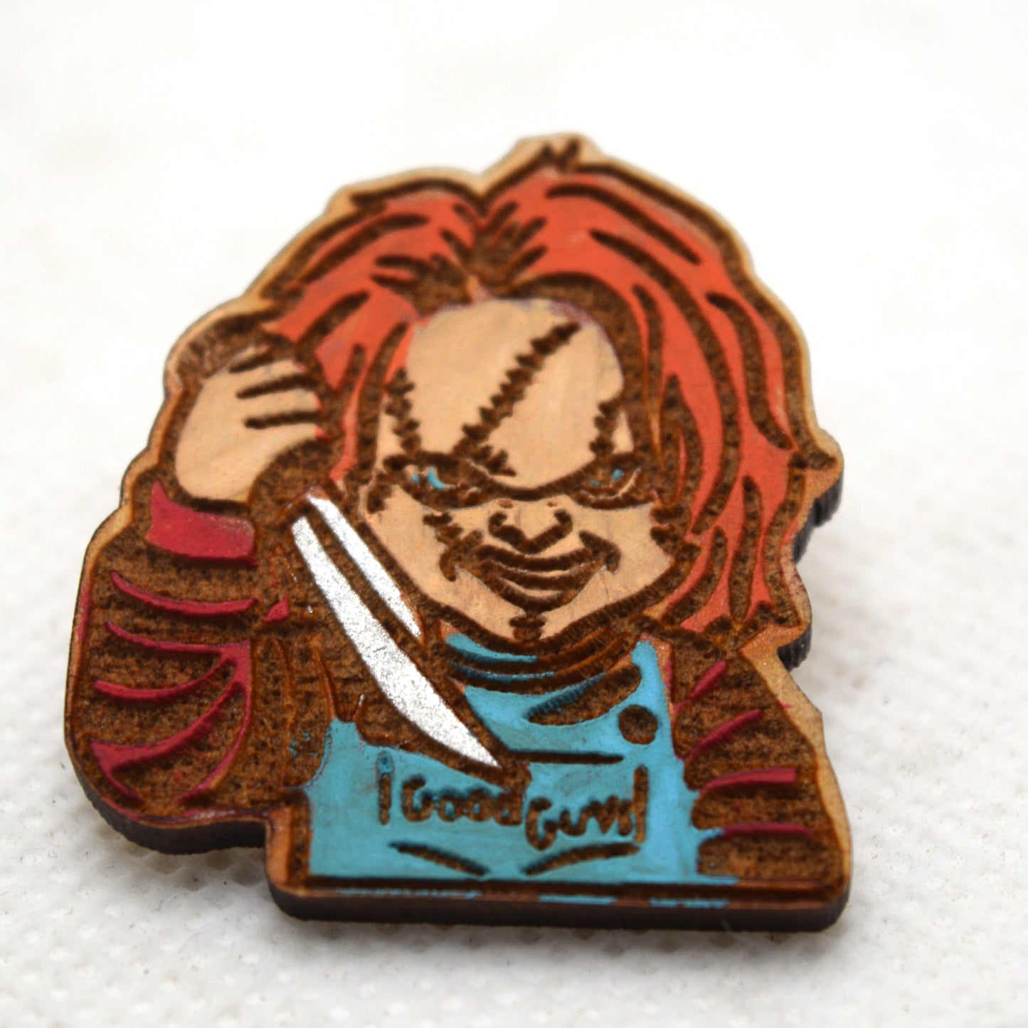 Chucky Wooden Lapel Pin