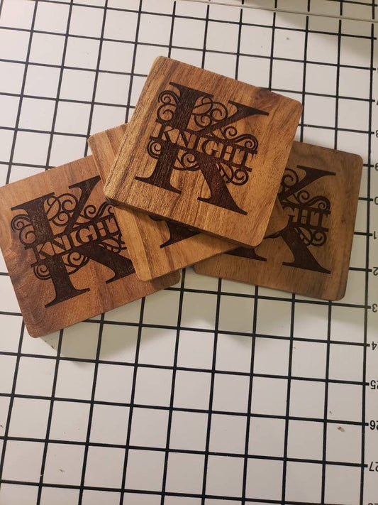 Personlized Monogram Engraved Wooden Coaster Set of 4