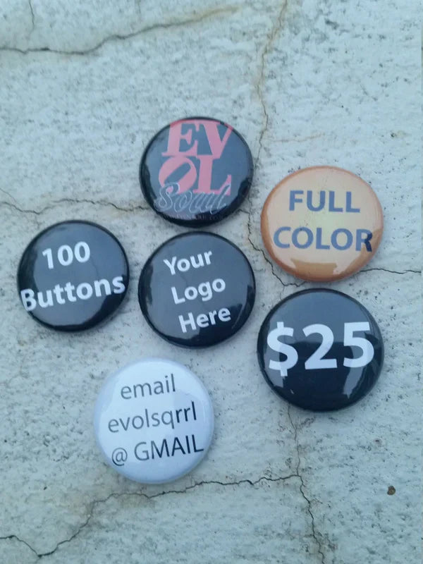 Custom 1 inch pinback buttons from Evol Soul on display