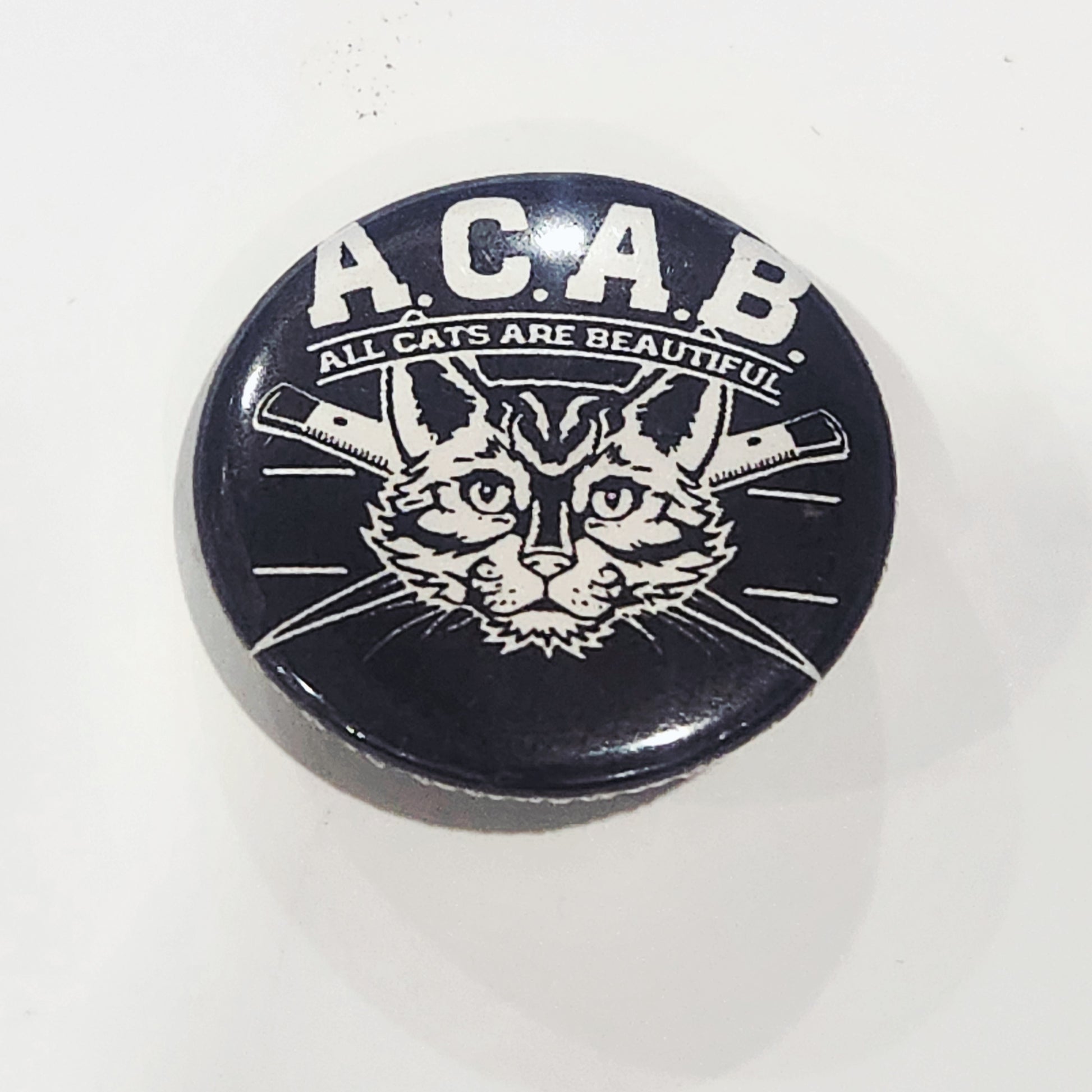 Button badge with a cat illustration and 'A.C.A.B. All Cats Are Beautiful' text on a black background