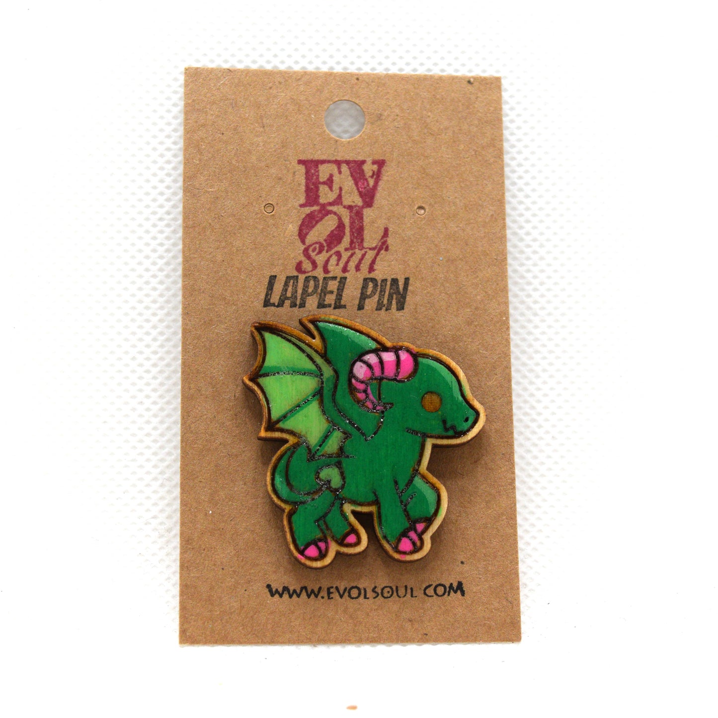 Cutesy Jersey Devil Wooden Lapel Pin on Evol Soul Card