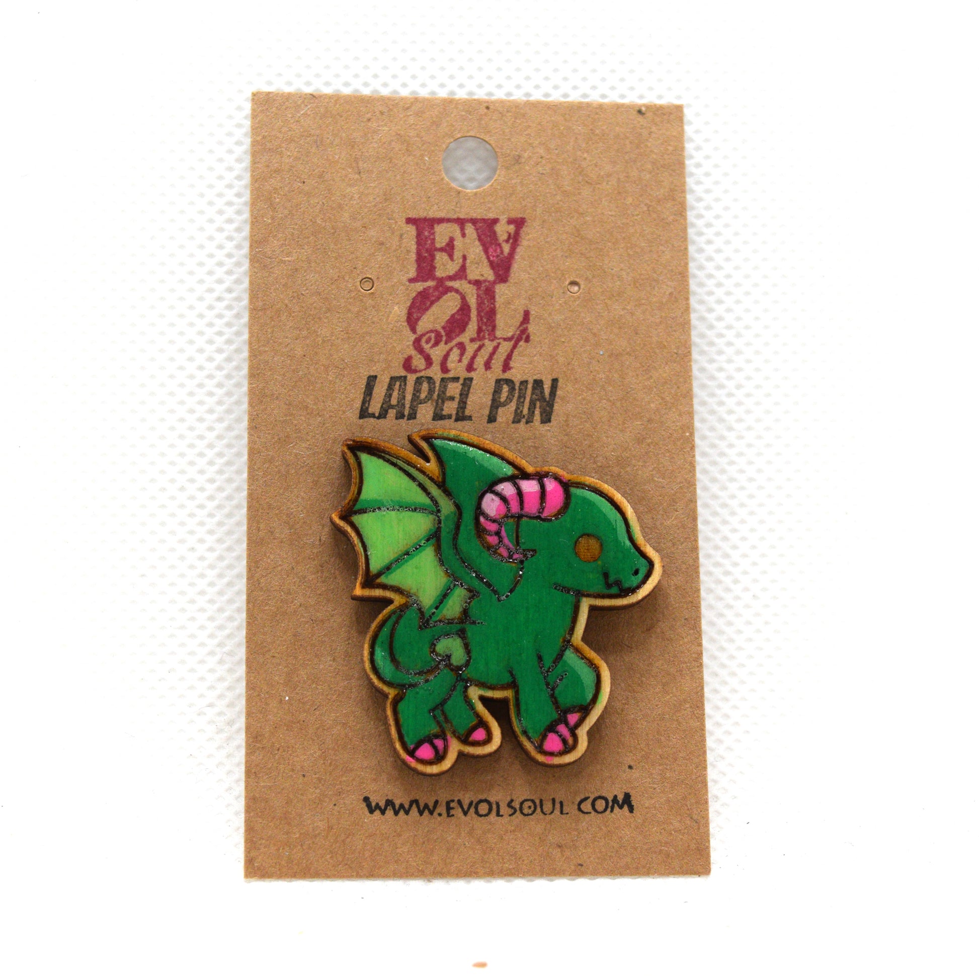 Cutesy Jersey Devil Wooden Lapel Pin on Evol Soul Card