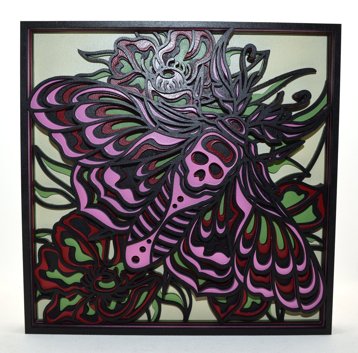 3-D Pink and Maroon Death's Head Moth Layered Art