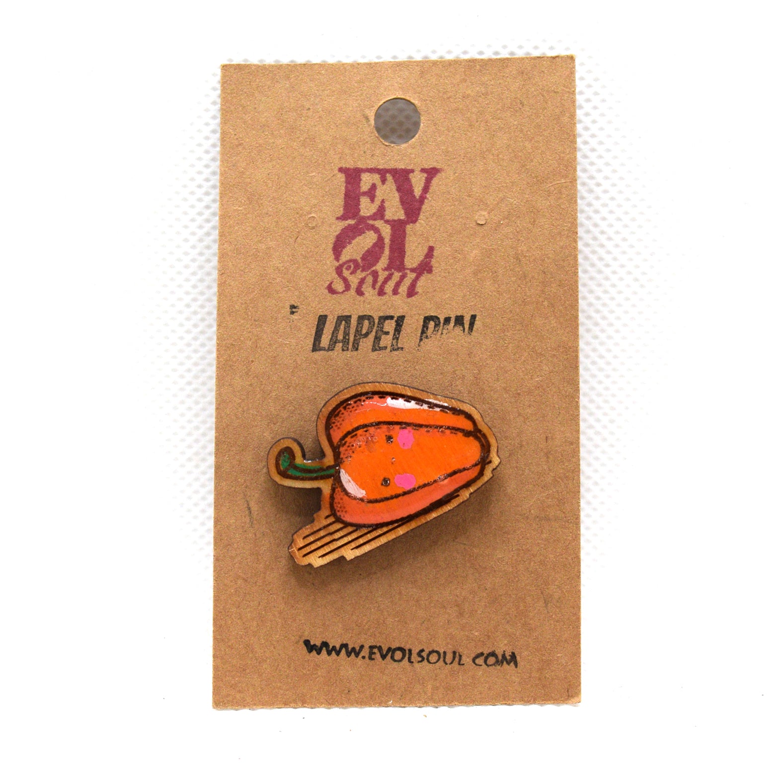 Kawaii Bell Pepper Wooden Lapel Pin with Evol Soul branding on Card