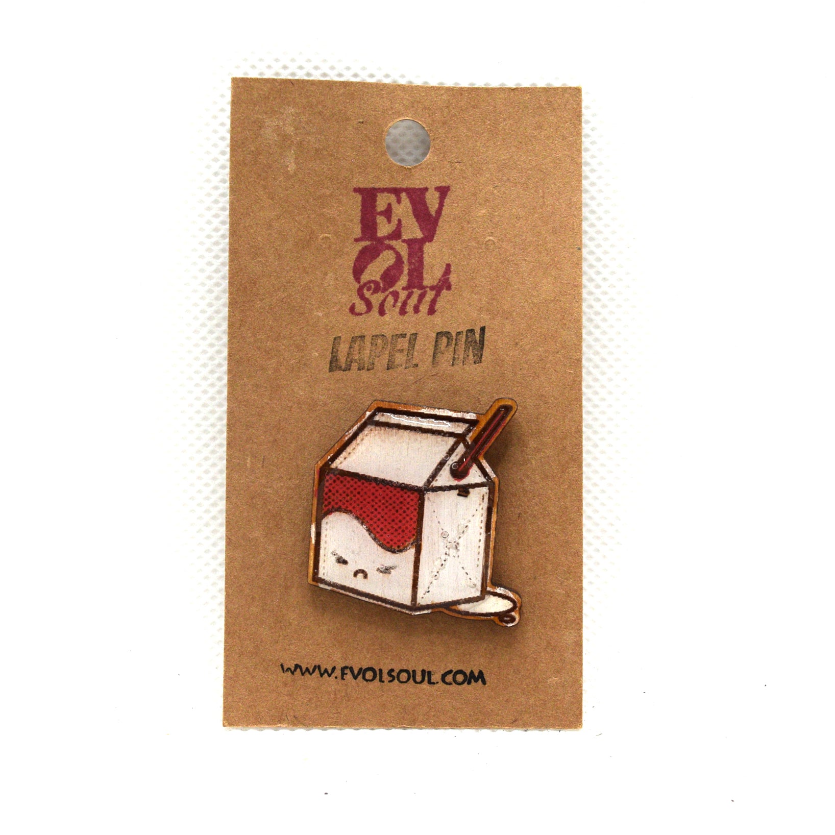Kawaii Milk Wooden Lapel Pin on Evol Soul branded Card
