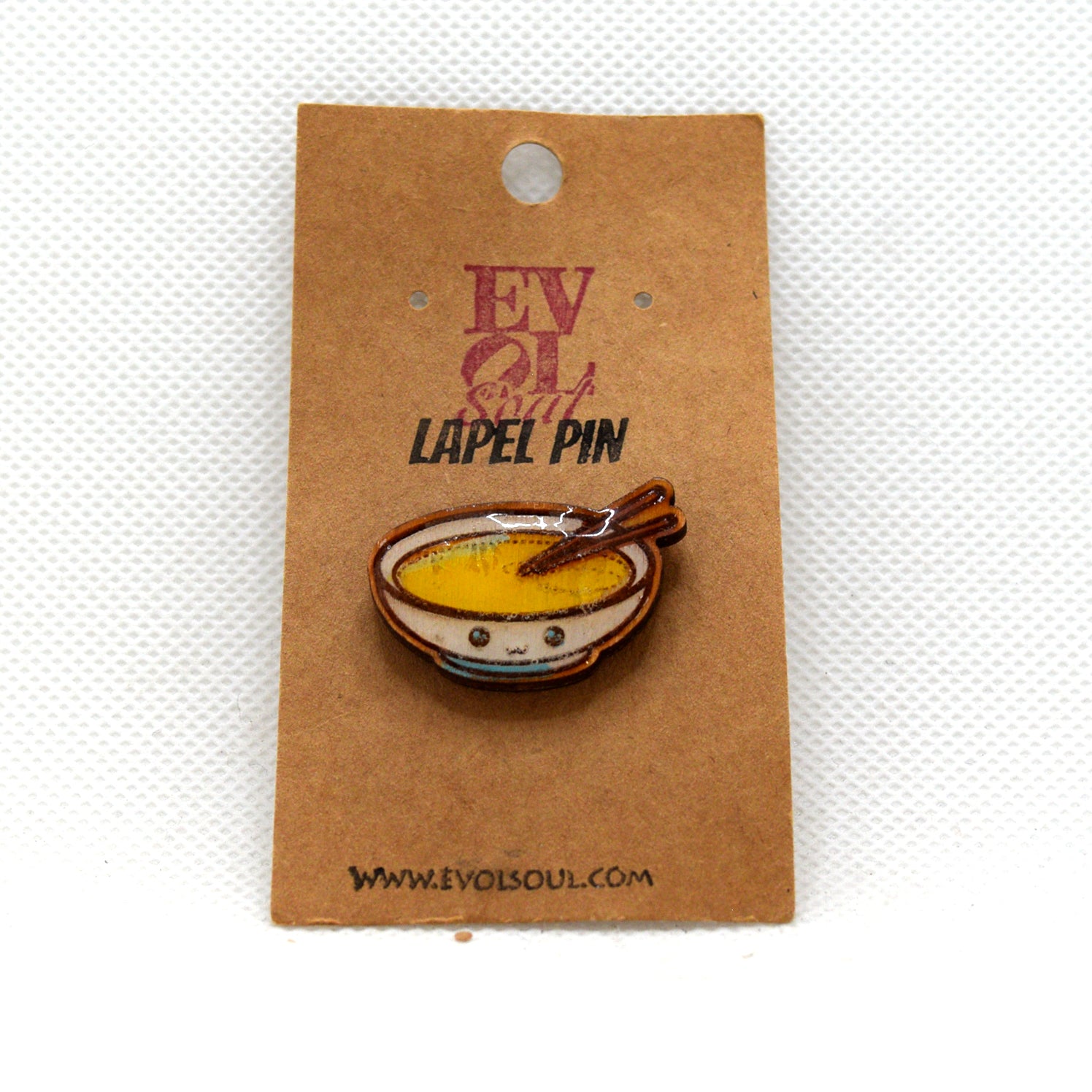 Kawaii Ramen Wooden Lapel Pin on Evol Soul Branded Card