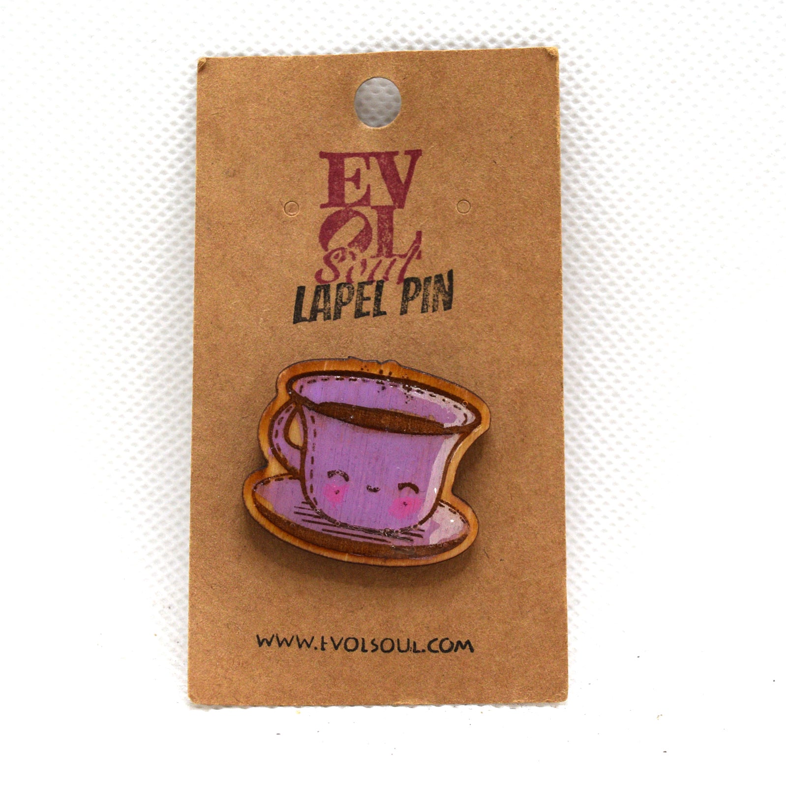 Kawaii Tea Cup Wooden Lapel Pin on evol soul branded card