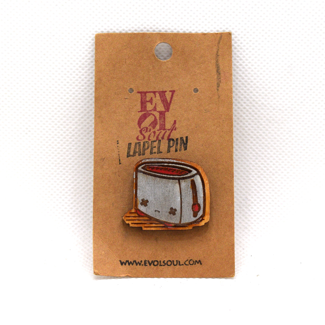 Kawaii Toaster Wooden Lapel Pin on Evol Soul Branded Card