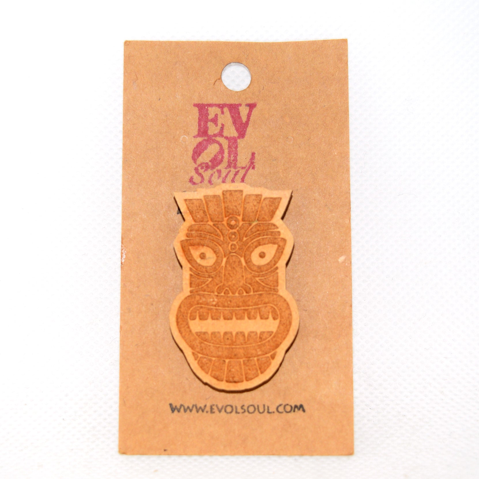 Tiki God 1 Wooden Lapel Pin on Evol Soul Branded Card