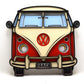 Red and beige Volkswagen van with 'PEACE' sign on a white background