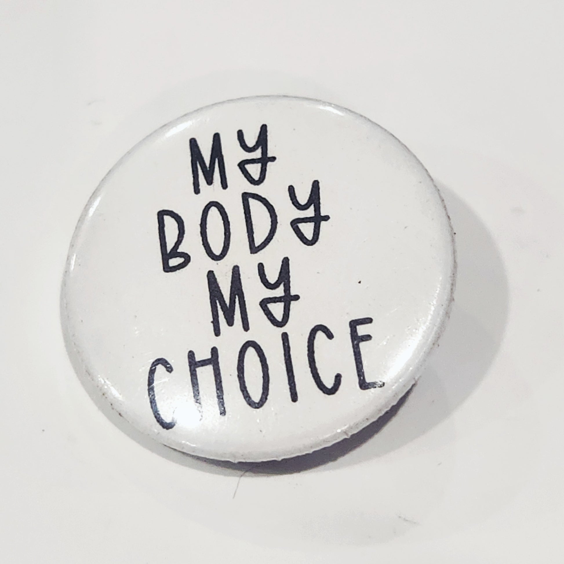 Button badge with 'My Body My Choice' text on a white background